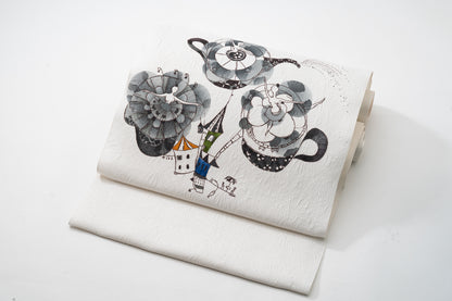 生産限定品【CandyCircusの名古屋帯】作品名:chu chu cup flowery /しぼ織＋手描き友禅 2
