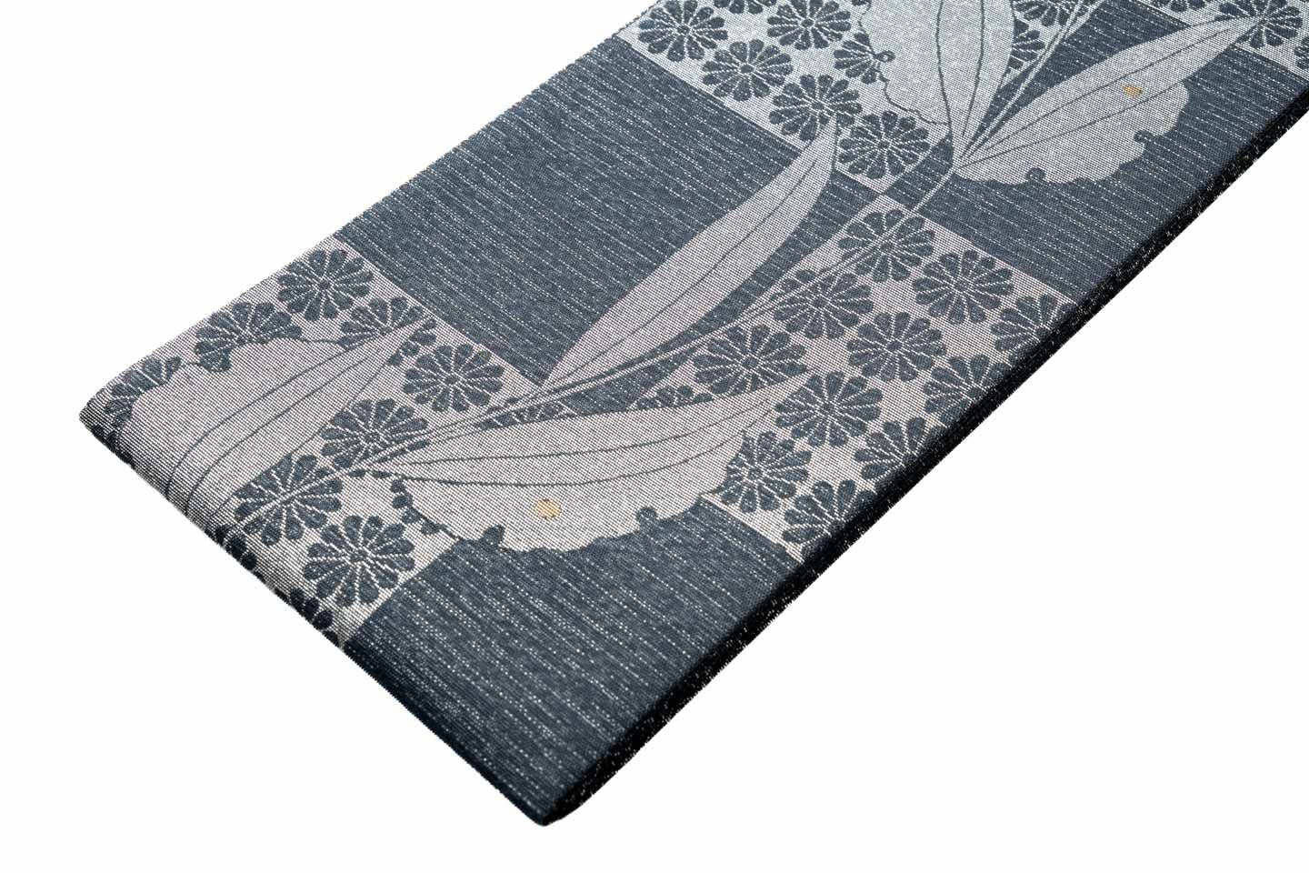 Online限定/即納品【総紗縫の半巾】市松に雪持柳(藍グレー色)の半巾帯 商品詳細写真 5