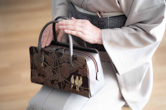 【引箔を使った帯地の利休バッグ 烏瓜/千寿錦引箔】ダックジュエル(茶系)